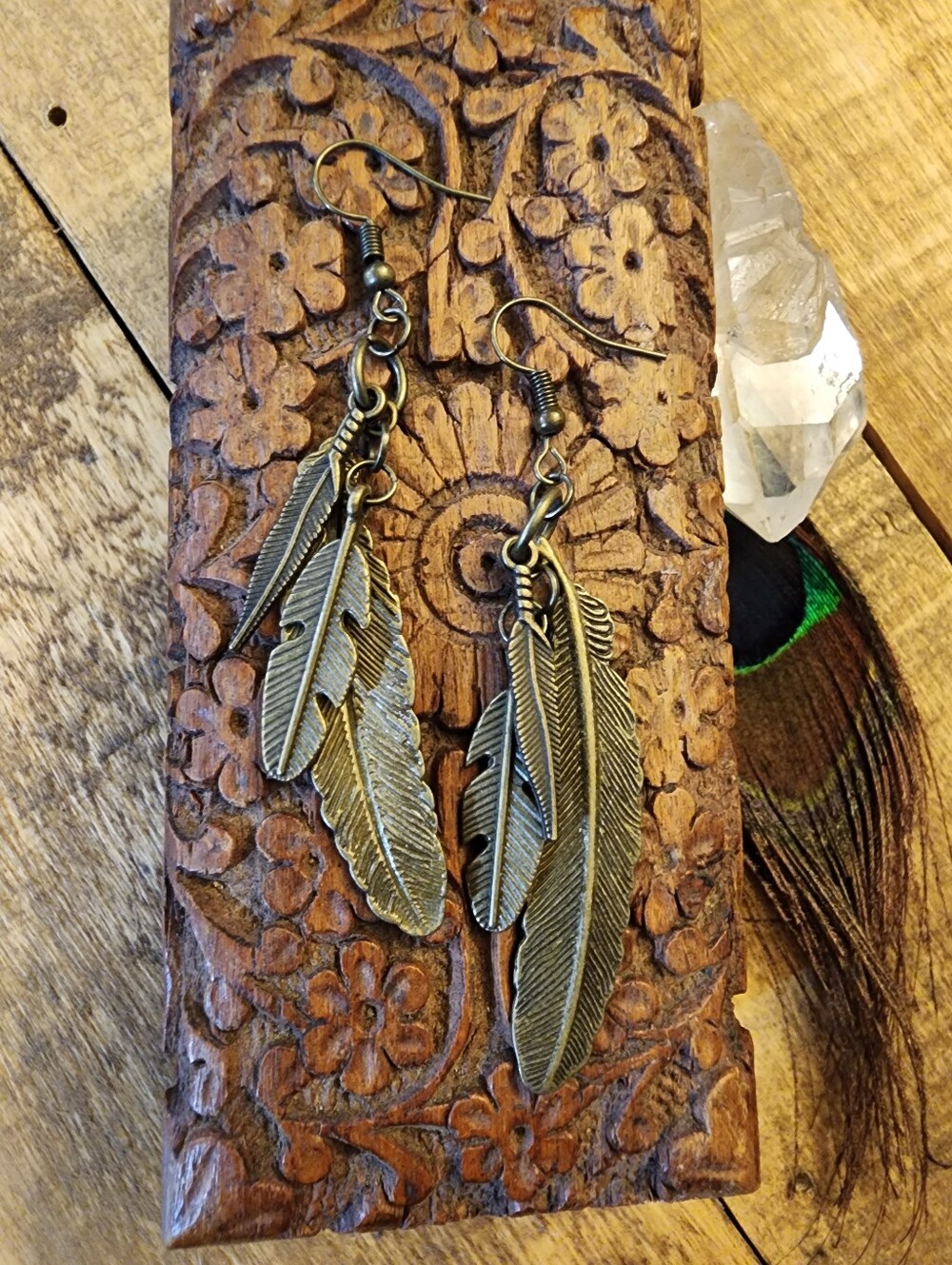 Long Dangling Feather Earrings ~ Antique Bronze Hypoallergenic Spiritual Boho